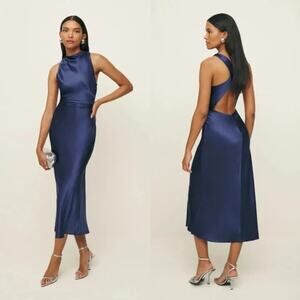 Reformation Maxi Dress Silk Blue Cassette Midnight Navy Open Cross Back US 8